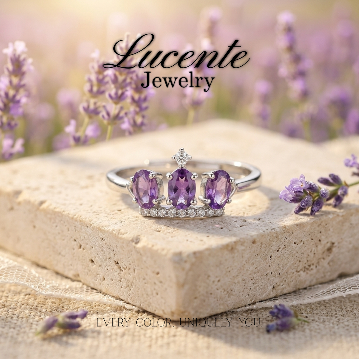 Royal Three-Stone Amethyst Tiara Crown Ring
