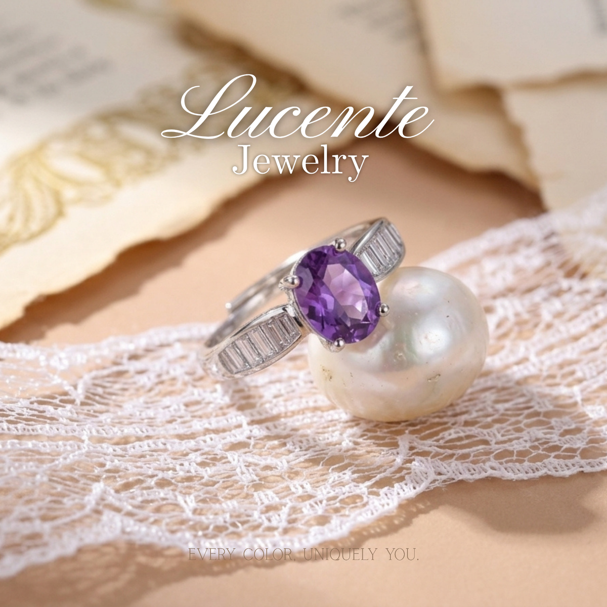 Glamorous Oval Amethyst Art Deco Baguette Ring