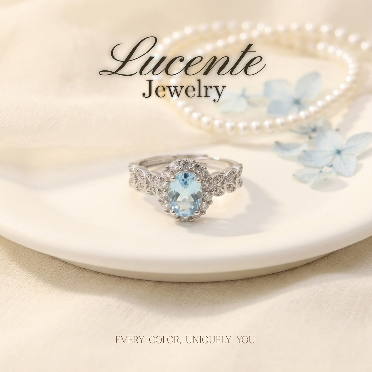 Ethereal Oval Blue Topaz Leaf Vine Halo Ring