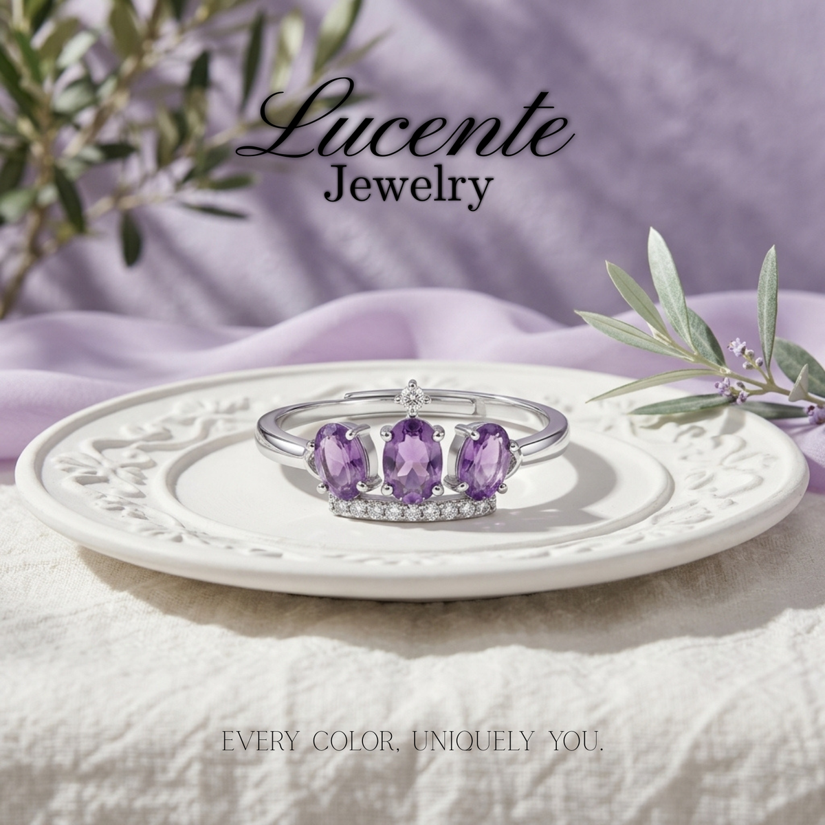 Royal Three-Stone Amethyst Tiara Crown Ring