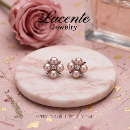 Ethereal Pink Freshwater Pearl Floral Cluster Stud Earrings