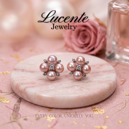 Ethereal Pink Freshwater Pearl Floral Cluster Stud Earrings